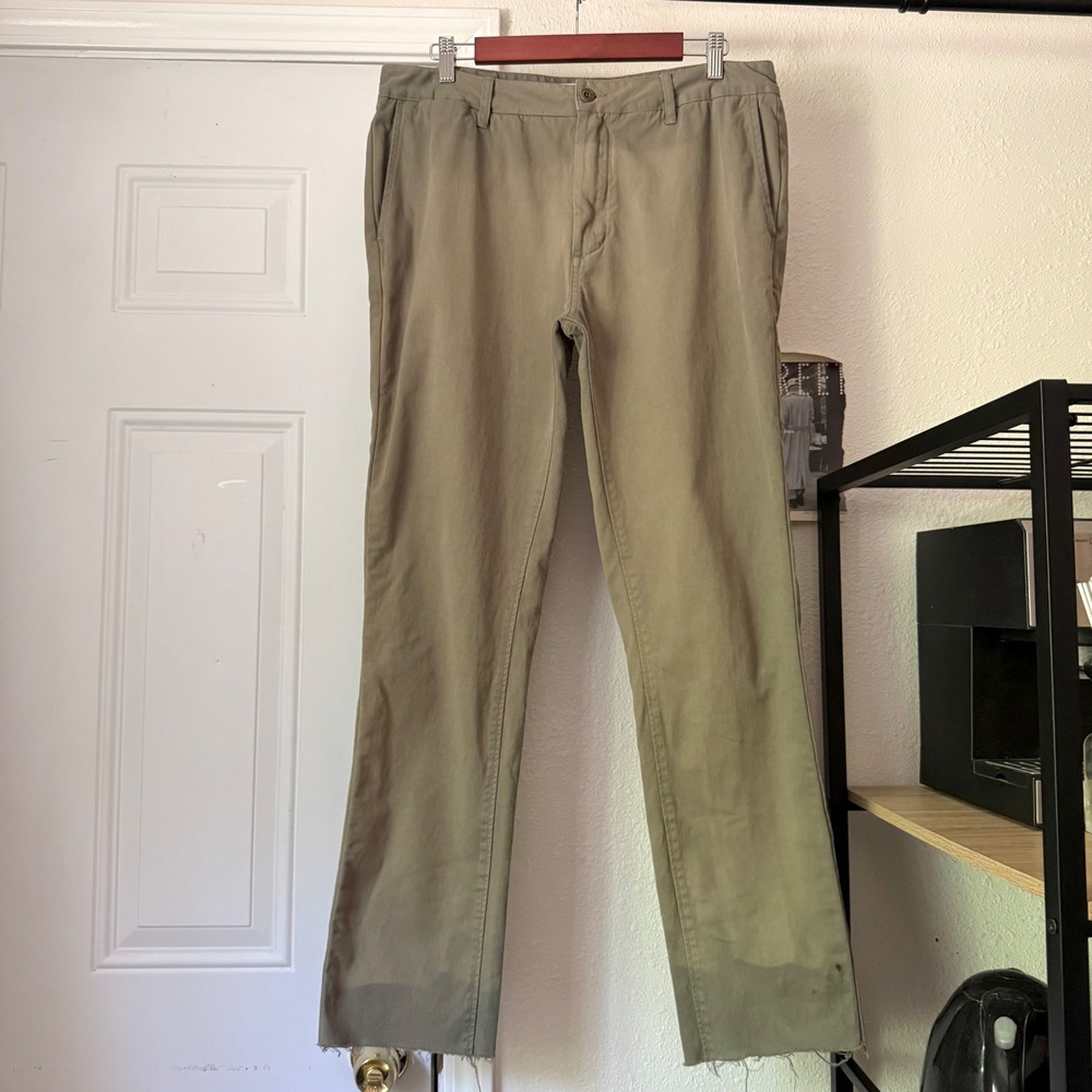 TAYLOR STITCH olive green slim straight leg organic cotton raw hem pants